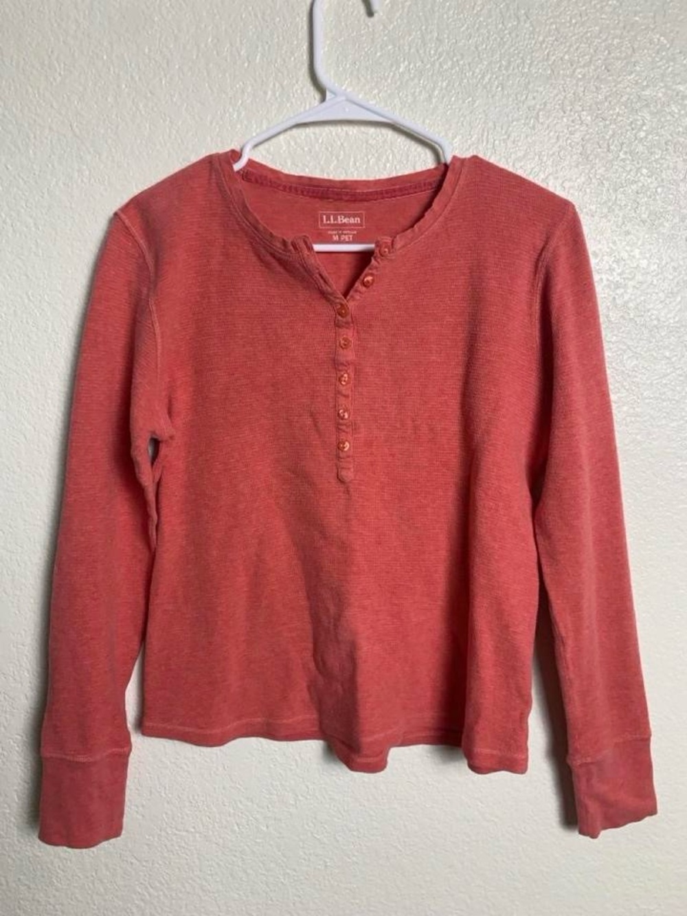 L.L. Bean Coral Terracotta Waffle Knit Henley Top Medium Petite